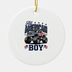 Amerikansk Pojke Monster Truck Vintage Patriotisk  Julgransprydnad Keramik
