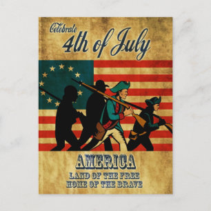 Amerikansk revolution soldat marscherar flagga vykort