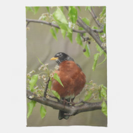 Amerikansk Robin Perched med Vår Blommar Kökshandduk