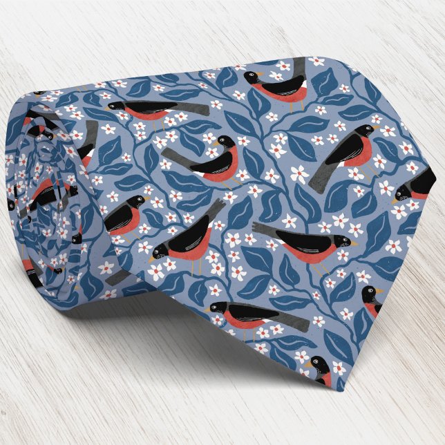 Amerikansk Rödbröstad Blommande Fågel Blomma Slips (American Robin Redbreast Apple Blossom Michigan state bird flower pattern blue neck tie)