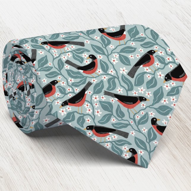 Amerikansk Rödbröstad Blommande Fågel Blomma Slips (American Robin redbreast Apple Blossom branches Michigan state bird flower pattern heritage neck tie)