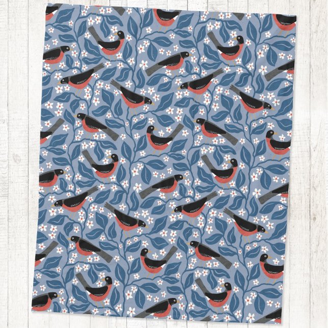 Amerikansk Rödbröstad Trädgårdssångare Äppelblom F Fleecefilt (American robin redbreast apple blossom bird flower arts and crafts style block print fleece blanket)