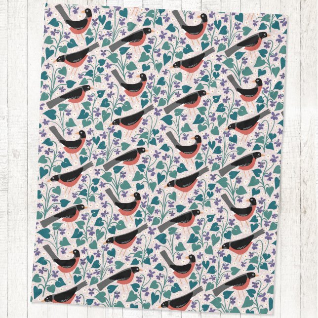 Amerikansk Rödhake Violett Anemon Fågel Blomma Fleecefilt (American robin redbreast bird wood violet anemone flower arts and crafts style block print blanket)