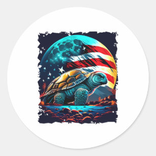 Amerikansk sköldpadda under Måne med American Flag Runt Klistermärke