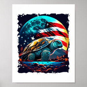 Amerikansk sköldpadda under Måne med amerikansk Fl Poster
