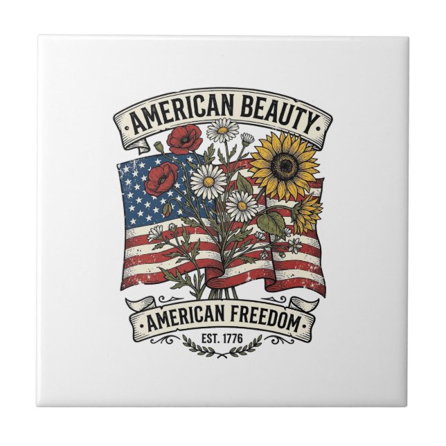 Amerikansk skönhet blomsterflagg patriotisk kakelplatta (Framsidan)