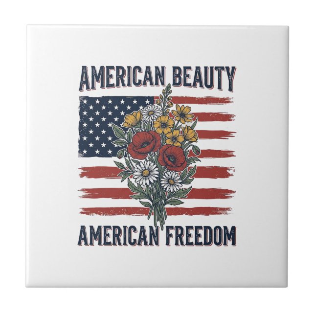 Amerikansk Skönhet Frihet Blommig Flagga Kakelplatta (Framsidan)