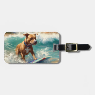 Amerikansk Staffordshire Beach Surfing Målning Bagagebricka