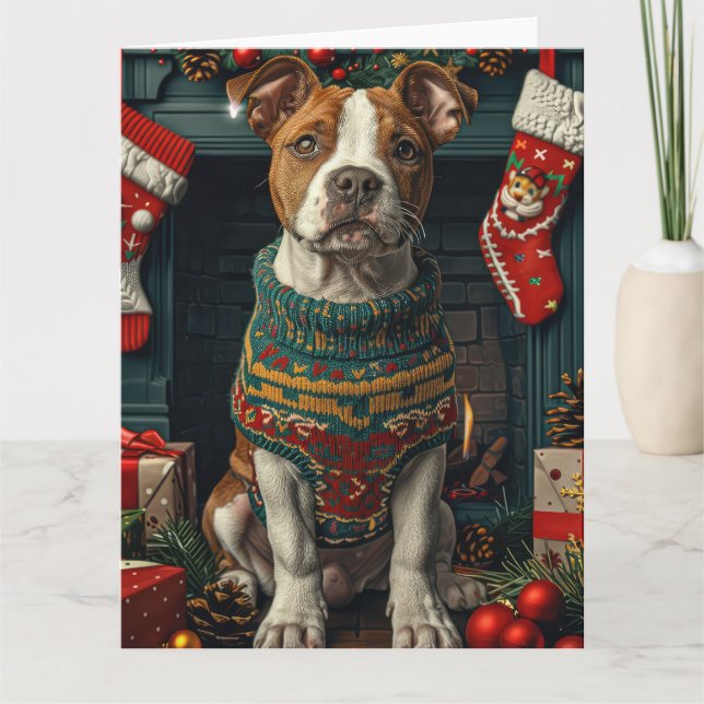 Amerikansk Staffordshire Hund Med Julpresenter Kort (Framsida)