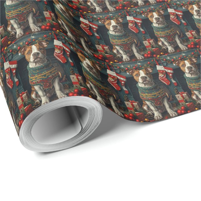 Amerikansk Staffordshire Hund Med Julpresenter Presentpapper (Rulle Hörn)