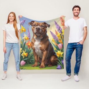 Amerikansk Staffordshire Hund Vårblommor Målning Fleecefilt