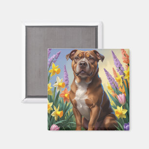 Amerikansk Staffordshire Hund Vårblommor Målning Magnet