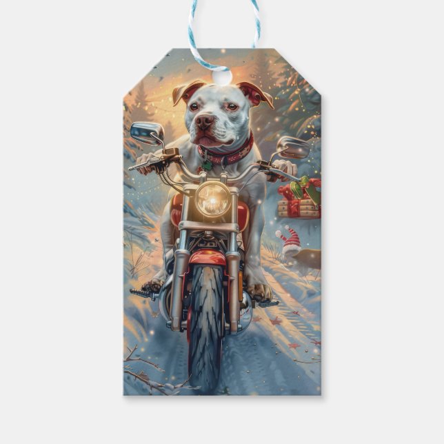 Amerikansk Staffordshire julmotorcykel Presentetikett (Framsidan)