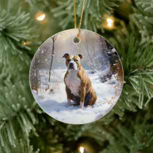 Amerikansk Staffordshire Let It Snow Jul Julgransprydnad Keramik