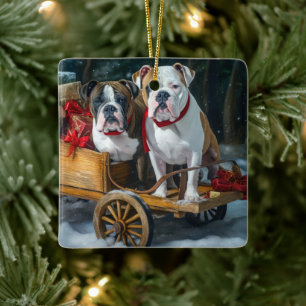 Amerikansk Staffordshire Snöig släde jul  Julgransprydnad Keramik