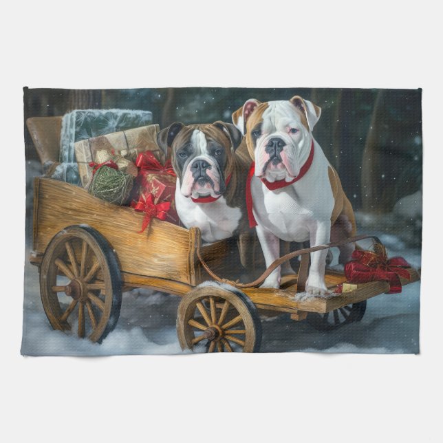 Amerikansk Staffordshire Snöig släde jul  Kökshandduk (Horisontell)