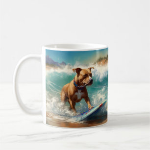 Amerikansk Staffordshire Strand Surfing Målning Kaffemugg