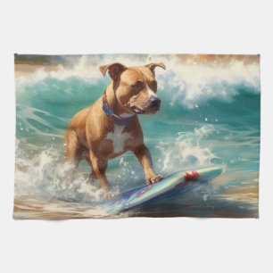 Amerikansk Staffordshire Strand Surfing Målning Kökshandduk