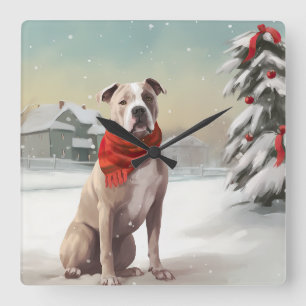 Amerikansk Staffordshire Terrier i snö jul Fyrkantig Klocka
