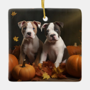 Amerikansk Staffordshire Valp Höstglädje Julgransprydnad Keramik