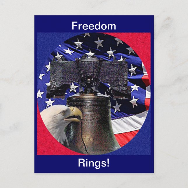 Amerikansk vit huvudad örn, klocka och flagga vykort (Framsida)