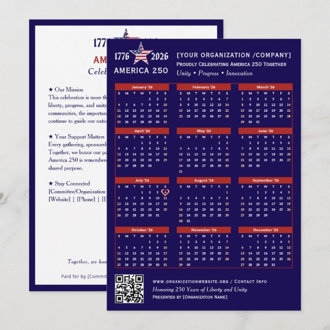 Amerikanska 250 Patriotic Blue 2026-kalenderkort (Fram/baksida)