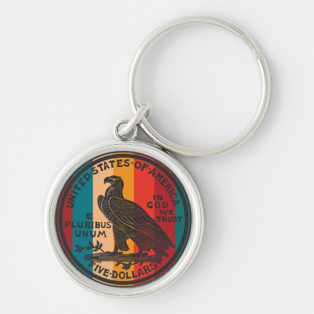 Amerikanska 5 dollar guld mynt rund silverfärgad nyckelring (Framsidan)