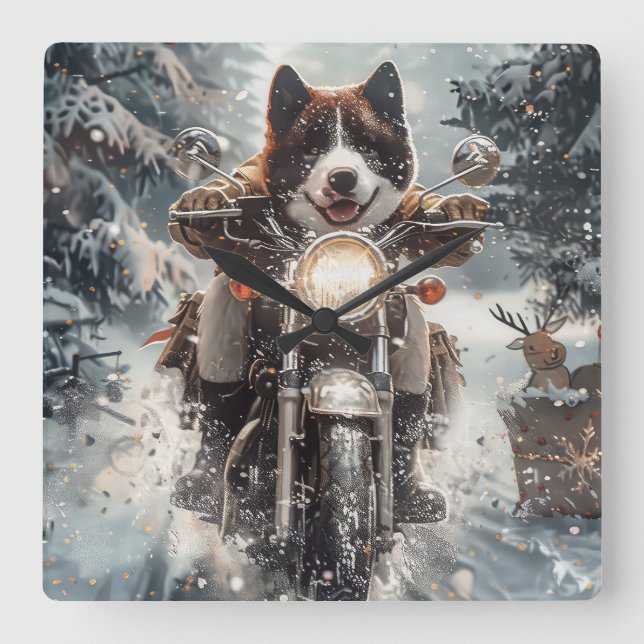 Amerikanska Akita Hund Riding Motorcle Jul Fyrkantig Klocka (Framsida)