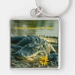 Amerikanska Alligator porträtt Lycklig Valentinese Fyrkantig Silverfärgad Nyckelring