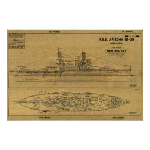 Amerikanska ARIZONA Battleship Blueprint 1934 Fototryck