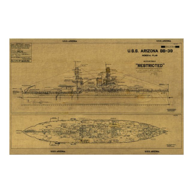 Amerikanska ARIZONA Battleship Blueprint 1934 Fototryck (Framsidan)