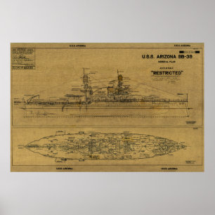 Amerikanska ARIZONA Battleship Blueprint 1934 Poster