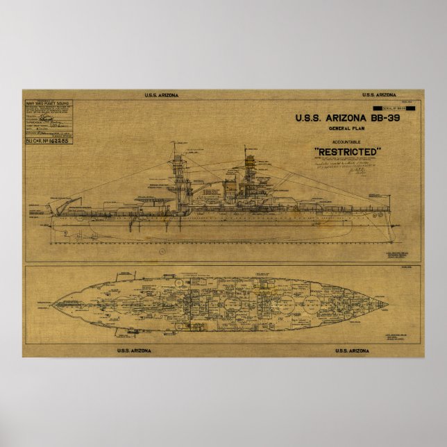 Amerikanska ARIZONA Battleship Blueprint 1934 Poster (Framsidan)