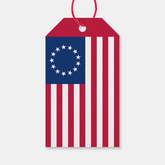 Amerikanska cirkelflaggan av Betsy Ross Presentetikett (Baksidan)
