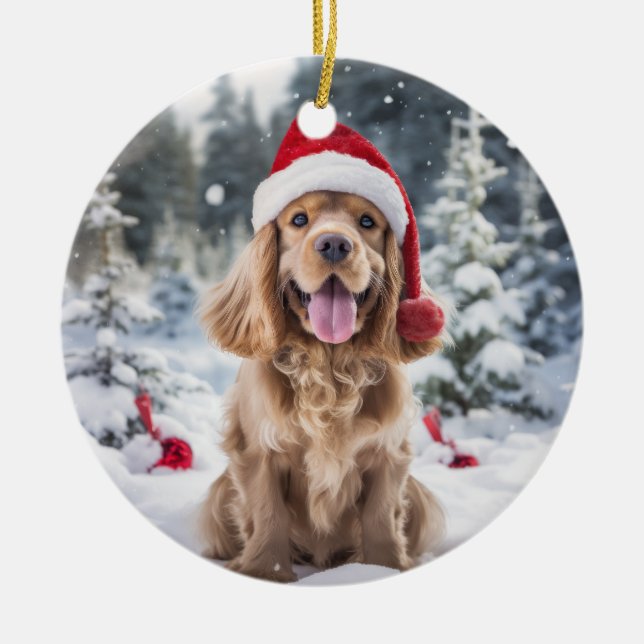 Amerikanska Cocker Spansk Hund, jultomten Julgransprydnad Keramik (Framsidan)