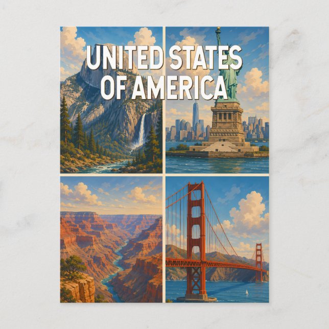 Amerikanska Collage Illustration Resa Konst Vykort (Framsida)