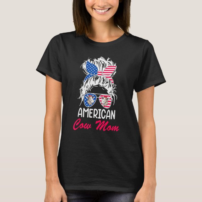 Amerikanska Cow Mamma Messy Hair i Bun Bandana Sun T Shirt (Framsida)