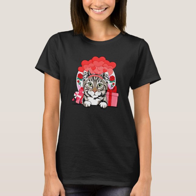 Amerikanska Curl Cat Valentines day Hearts Bubons  T Shirt (Framsida)