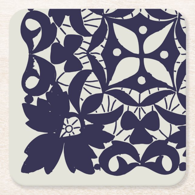 Amerikanska Doily & Snöre, 5Kant, Blue On Beige Pa Underlägg Papper Kvadrat (Framsidan)