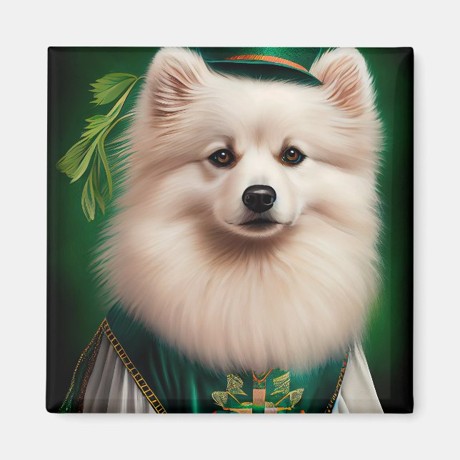 Amerikanska eskimo-hund i St. Patrick Dress Magnet (Framsidan)