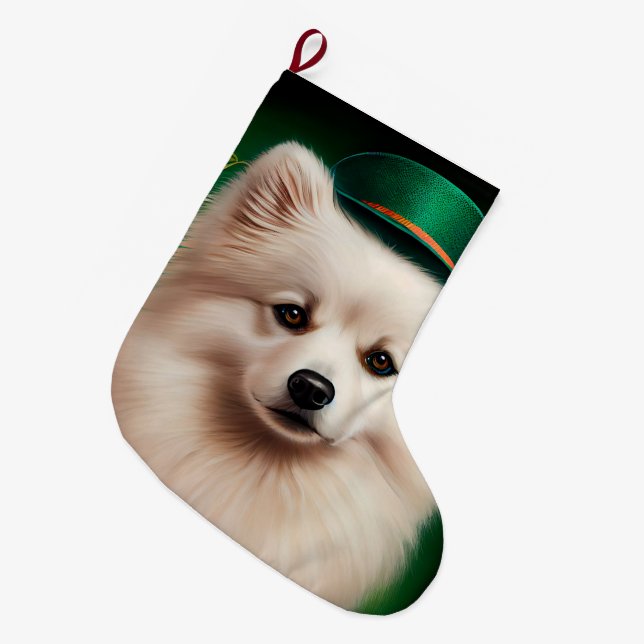 Amerikanska eskimo-hund i St. Patrick Dress Stor Julstrumpa (Framsidan (Hängande))