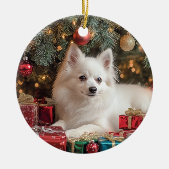 Amerikanska eskimo-Hund jul Julgransprydnad Keramik (Framsidan)