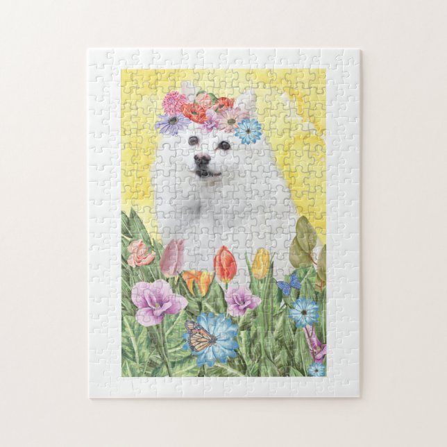 Amerikanska eskimo Hund med Flowers Vår Pussel (Vertikal)
