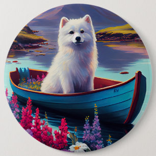 Amerikanska eskimo-Hund på Paddle: En scen Äventyr Knapp