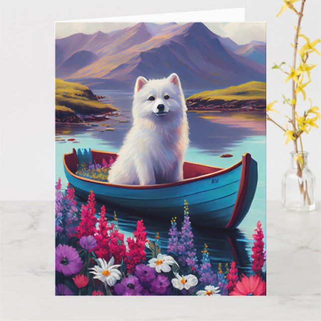 Amerikanska eskimo-Hund på Paddle: En scen Äventyr Kort (Gul blomma)