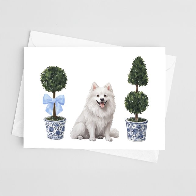 Amerikanska eskimo Hund Puppy Topiary Watercolor Kort (Skapare uppladdad)