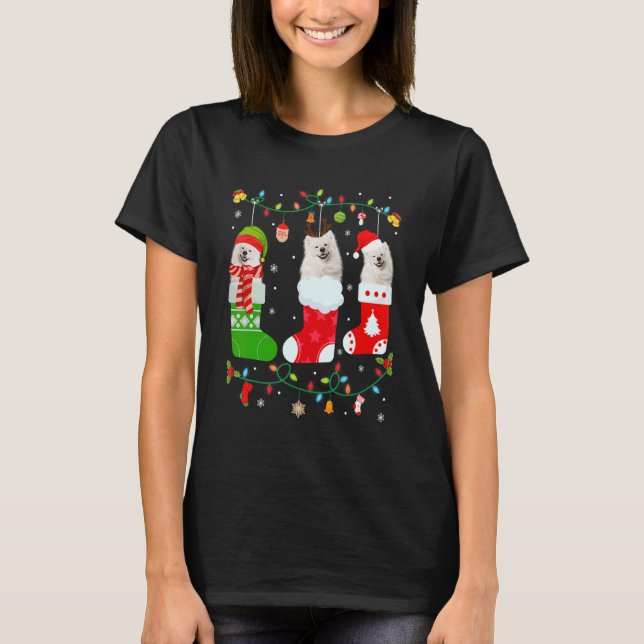 Amerikanska eskimo-Hund, tre julsocklar T Shirt (Framsida)