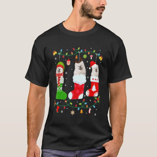 Amerikanska eskimo-Hund, tre julsocklar T Shirt (Framsida)