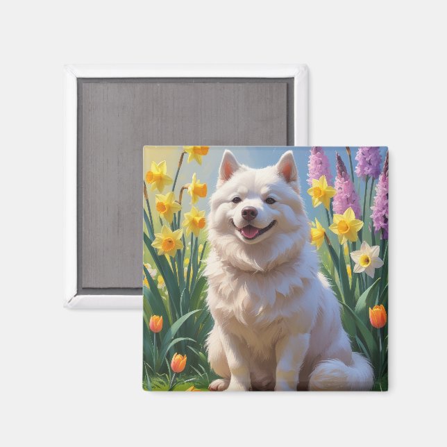 Amerikanska eskimo Hund Vår blommor Painting Magnet (Front/Back)
