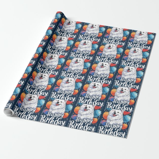 Amerikanska eskimo med Balloons Birthday Presentpapper (Utrullad)